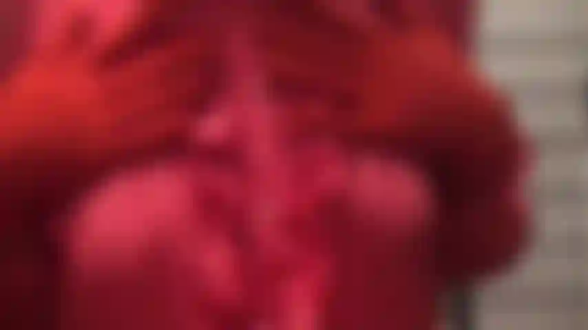 Breast play in beautiful coral colored satin striped ruffle blouse - Mistress knows how to tease in an outfit of shades of red and coral, focusing on breast worship.