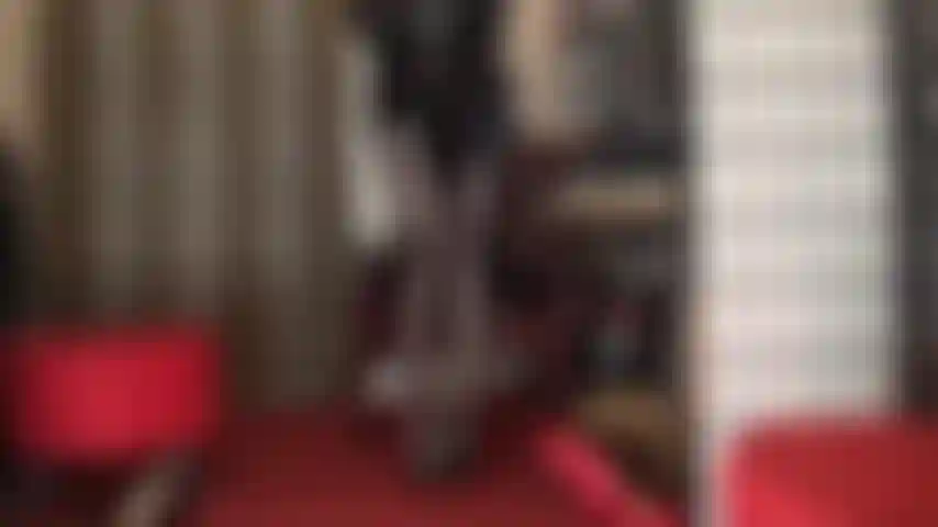 Medias de spandex marrón metalizado con brillo extremo: la amante muestra sus piernas poderosas y su trasero perfecto en estas pantimedias de alto brillo.