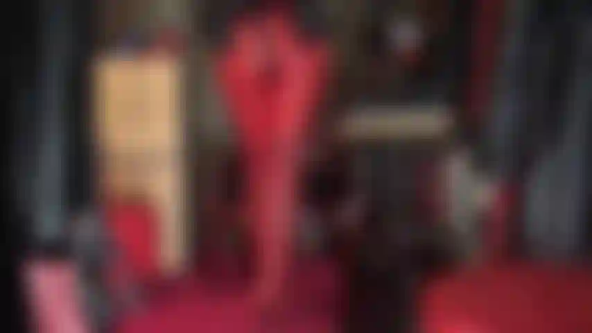 Culo y polla, ambos te ponen muy cachondo, viendo el maravilloso trasero redondo de la amante en ajustados leggings rojos con su gigantesco strap-on negro colgando.