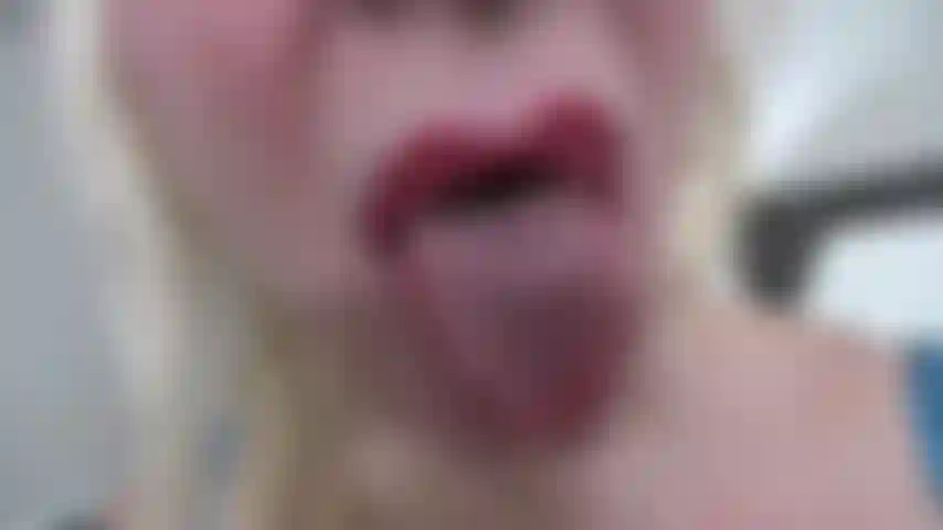 POV OF TONGUE OUT WITH SPIT DRIPPING & RED LIPSTICK